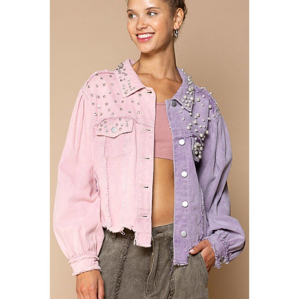 POL CLOTHING Lilac Pink Pearl Diamond Studded Half and Half Denim Jacket FWJ160A - Picture 8 of 12